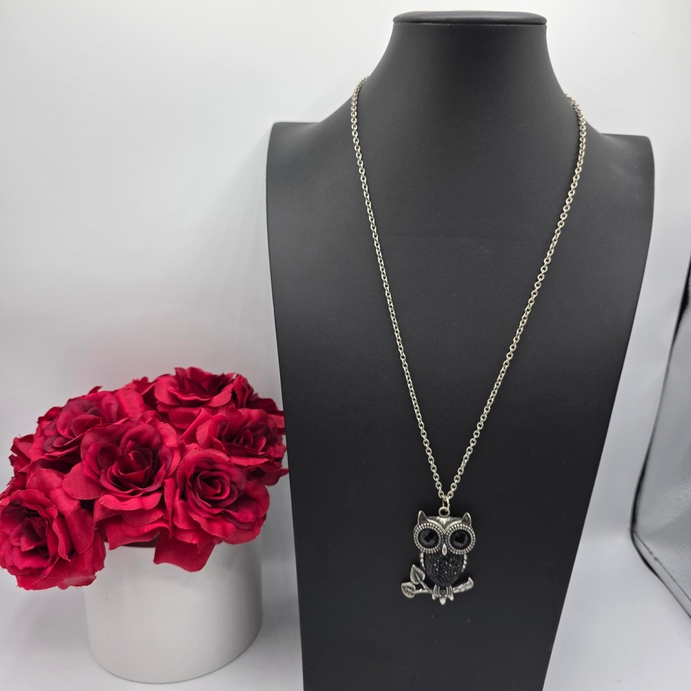 Silver Tone Black Crystal Owl Pendant Long Chain Necklace Whimsigoth Animal